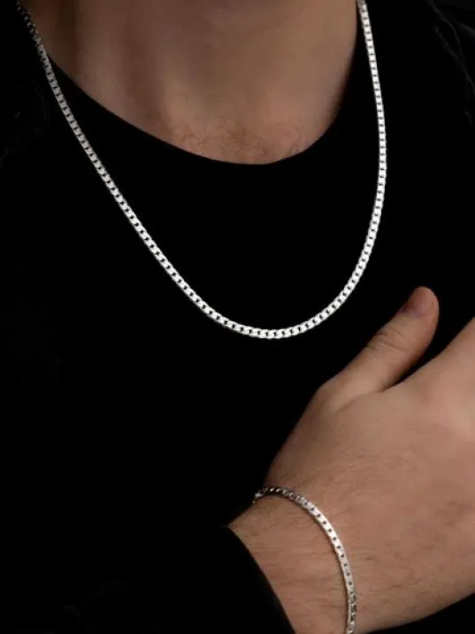 Erkek Gümüş Kolye Bileklik Set - 4mm 925 Ayar Ezme Gurmet Gümüş Set Erkek Gümüş Kolye Bileklik Set - 4mm 925 Ayar Ezme Gurmet Gümüş Set