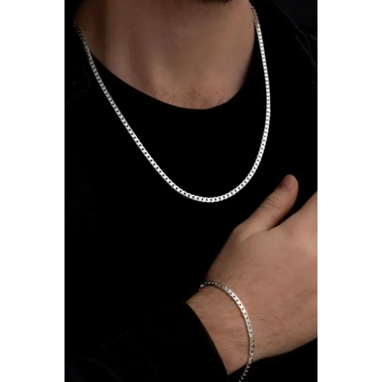 Erkek Gümüş Kolye Bileklik Set - 4mm 925 Ayar Ezme Gurmet Gümüş Set Erkek Gümüş Kolye Bileklik Set - 4mm 925 Ayar Ezme Gurmet Gümüş Set