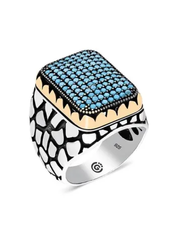 Rennes Turkuaz Zirkon Taşlı Yanı İşlemeli Özel Seri Erkek Gümüş Yüzük