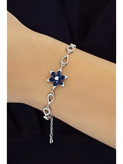Kadın Gümüş Bileklik - Lacivert Doğal Safir Taşlı Nergis Model Damla Motifli Gümüş Bileklik
