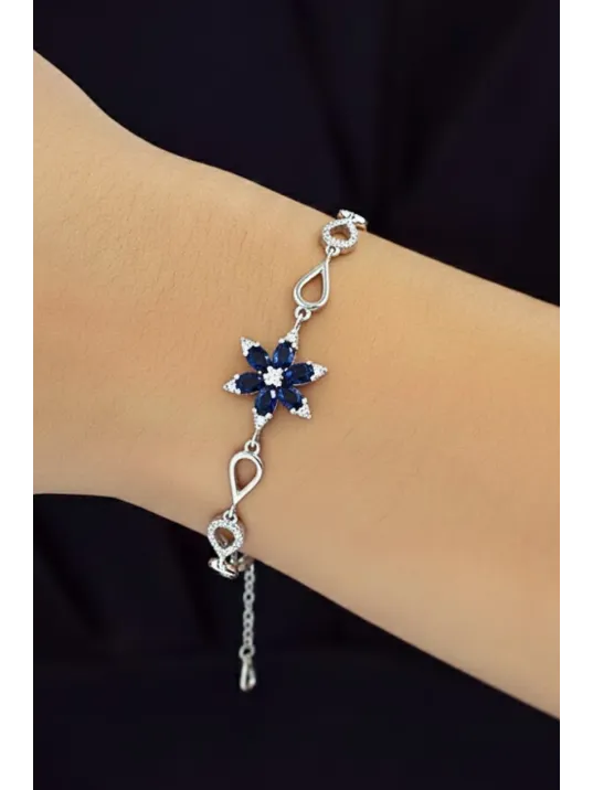 Kadın Gümüş Bileklik - Lacivert Doğal Safir Taşlı Nergis Model Damla Motifli Gümüş Bileklik