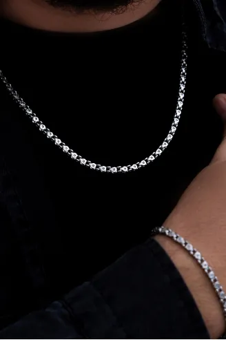 Erkek Çelik Kolye Bileklik Set - Pullu Model Çelik Kolye Bileklik Set