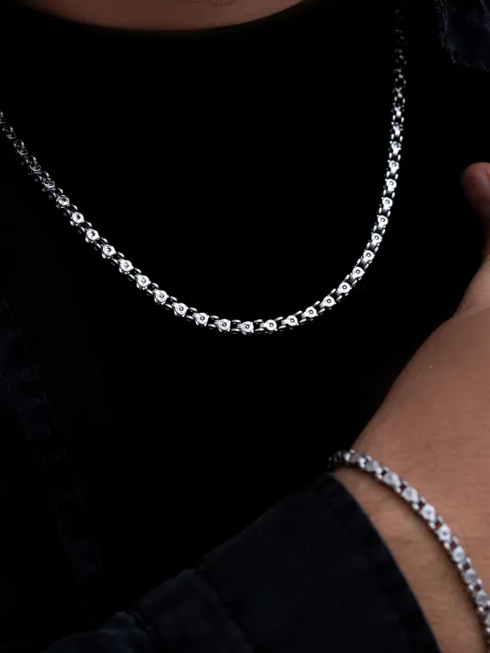 Erkek Çelik Kolye Bileklik Set - Pullu Model Çelik Kolye Bileklik Set