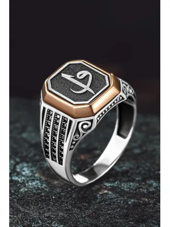 Erkek Gümüş Yüzük - Üç Sıra Zirkon Taşlı Vav Elif İşlemeli Erkek Yüzük