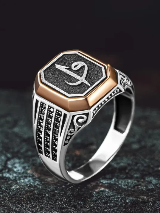 Erkek Gümüş Yüzük - Üç Sıra Zirkon Taşlı Vav Elif İşlemeli Erkek Yüzük