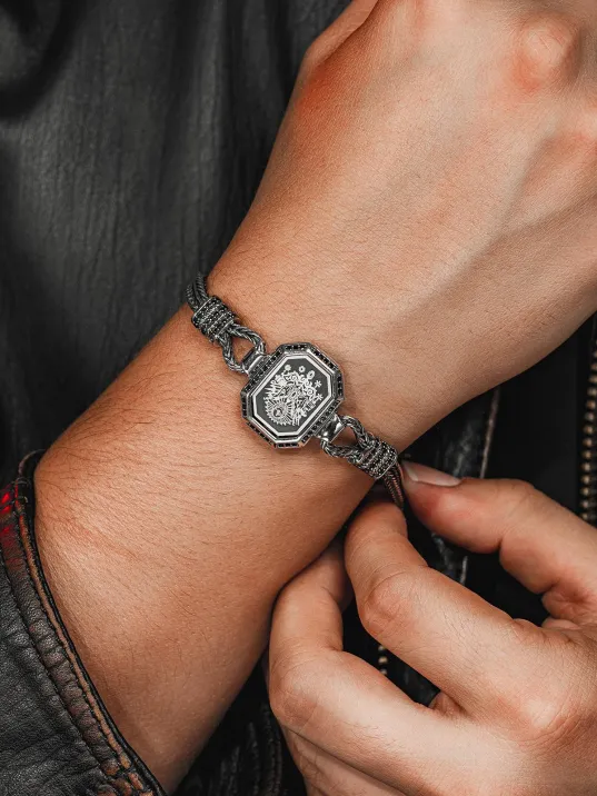 Erkek Gümüş Bileklik -Osmanlı Arması İşlemeli Tilkikuyruğu Zincirli 925 Ayar Erkek Bileklik