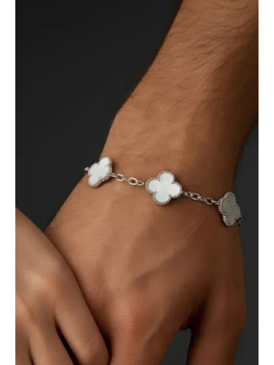 Erkek 925 Ayar Gümüş Beyaz Taşlı Yonca Model Zincir Bileklik