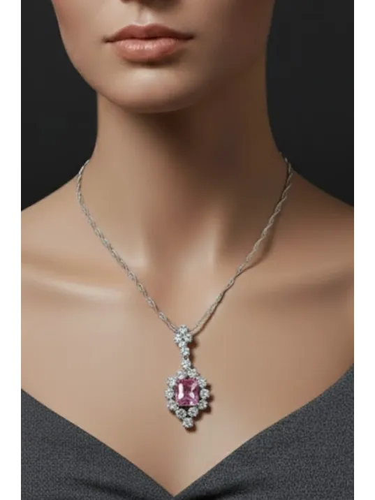 Kadın Gümüş Kolye - Bella Model Kare Pembe Zirkon Taşlı Kolye