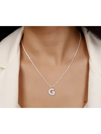 Kadın Gümüş Kolye - G Harfi Zirkon Taşlı Balon Harf Kadın Kolye