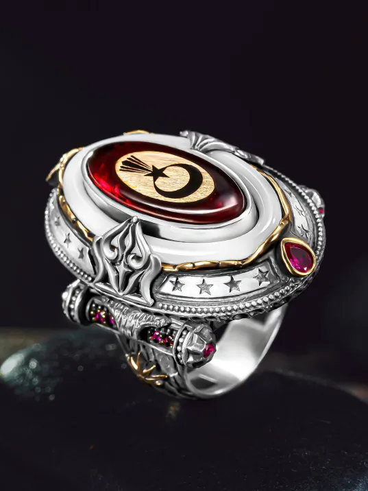 Erkek Gümüş Yüzük - Ay Yıldız Türk Bayrağı İşlemeli Erkek Yüzük Zihgir