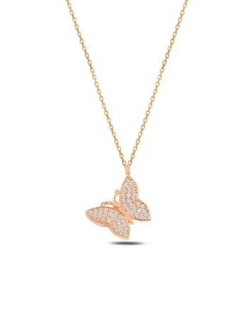 Kadın Gümüş Kolye - Rose Altın Kaplama Zirkon Taşlı Kelebek Figürlü Gümüş Kolye