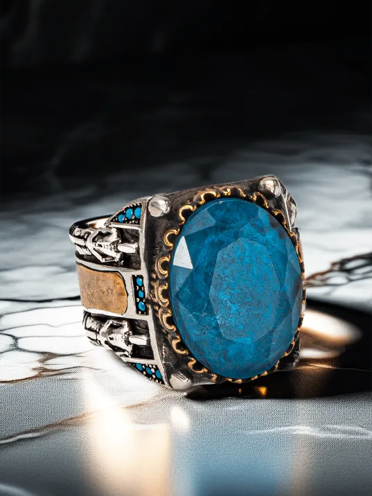 Erkek Mavi Zirkon Taşlı Gümüş Yüzük