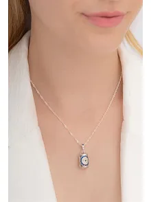 Mavi Taşlı Bayan Gümüş Muska Cevşen Kolye