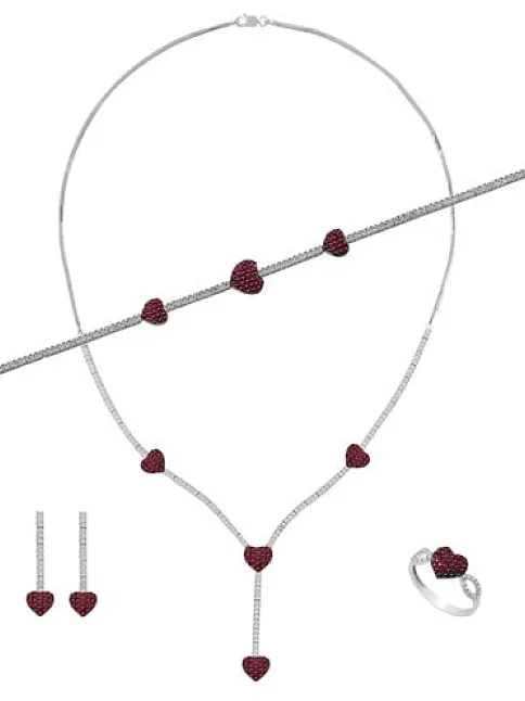 Arya Bayan Yakut Taşlı Gümüş Su Yolu Set - Kolye, Bileklik, Küpe, Yüzük
