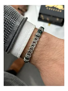 Erkek Koyu Yeşil Kordon Gümüş Renk Hakiki Deri Bileklik