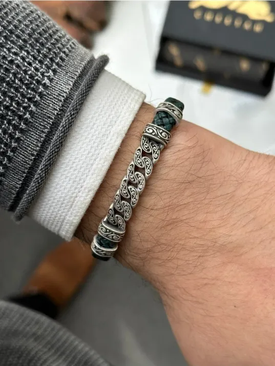 Erkek Koyu Yeşil Kordon Gümüş Renk Hakiki Deri Bileklik