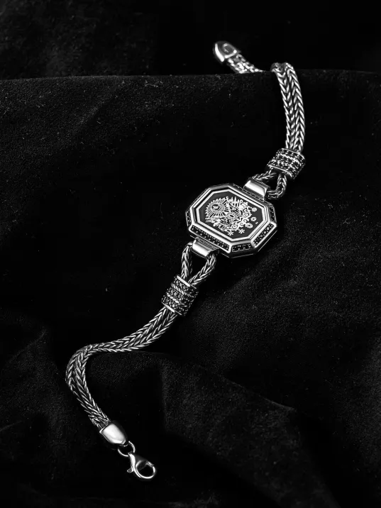 Erkek Gümüş Bileklik -Osmanlı Arması İşlemeli Tilkikuyruğu Zincirli 925 Ayar Erkek Bileklik