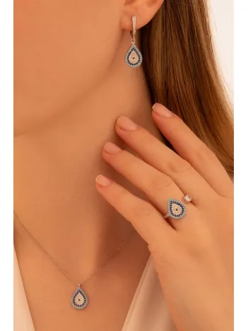 Kadın Gümüş Set - Damla Model Nazar Boncuğu Motifli Kadın Set