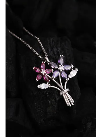 Kadın Gümüş Kolye - Sevgililer Günü - Hediye - Zirkon Taşlı Çiçek Buketi Motifli Kadın Kolye