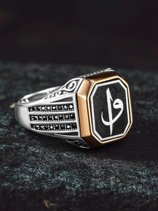 Erkek Gümüş Yüzük - Üç Sıra Zirkon Taşlı Vav Elif İşlemeli Erkek Yüzük