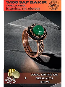 Kadın Bakır Yüzük - Yeşil Akik Taşı Ağaç Kabuğu Model İnce Metal Kutu Kuvars Taşlı Yüzük
