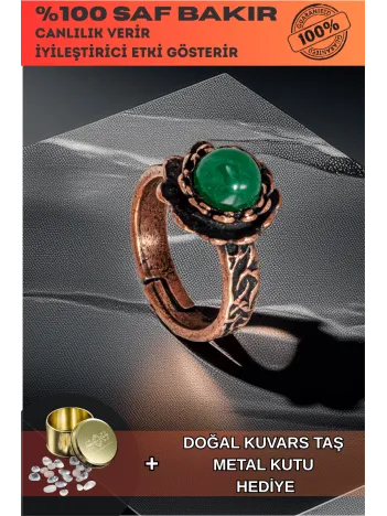 Kadın Bakır Yüzük - Yeşil Akik Taşı Ağaç Kabuğu Model İnce Metal Kutu Kuvars Taşlı Yüzük