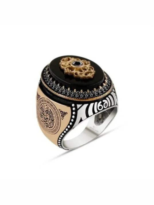 Erkek Gümüş Yüzük - Kelime-i Tevhid ve Çiçek Motifli Oniks Taşlı 925 Ayar Gümüş Erkek Yüzük Erkek Gümüş Yüzük - Kelime-i Tevhid ve Çiçek Motifli Oniks Taşlı 925 Ayar Gümüş Erkek Yüzük