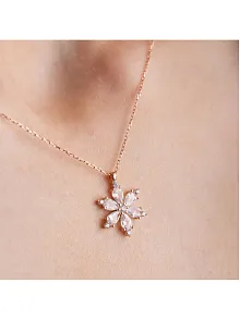 Gümüş Kolye - Zirkon Taşlı Rose Renk Sakura Kar Tanesi Kadın Kolye