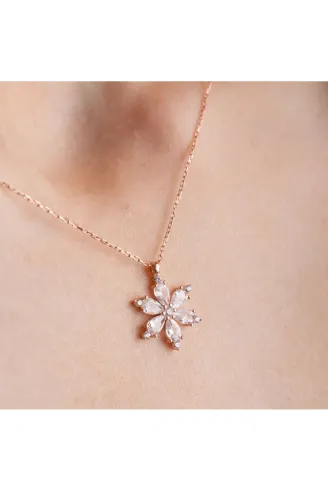 Gümüş Kolye - Zirkon Taşlı Rose Renk Sakura Kar Tanesi Kadın Kolye