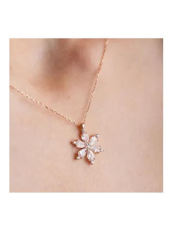 Gümüş Kolye - Zirkon Taşlı Rose Renk Sakura Kar Tanesi Kadın Kolye