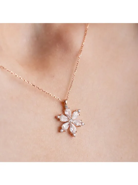 Gümüş Kolye - Zirkon Taşlı Rose Renk Sakura Kar Tanesi Kadın Kolye