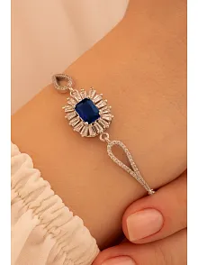 Kadın Gümüş Bileklik - Safir Taşlı Kare Model Zirkon Süslemeli Kadın Bileklik