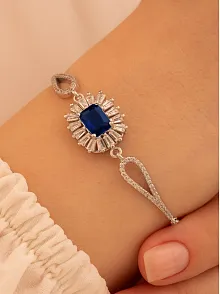 Kadın Gümüş Bileklik - Safir Taşlı Kare Model Zirkon Süslemeli Kadın Bileklik