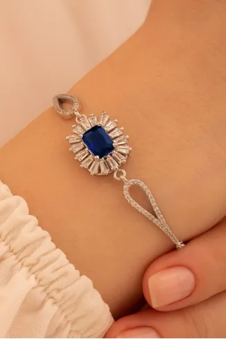 Kadın Gümüş Bileklik - Safir Taşlı Kare Model Zirkon Süslemeli Kadın Bileklik