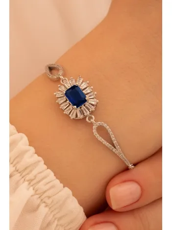 Kadın Gümüş Bileklik - Safir Taşlı Kare Model Zirkon Süslemeli Kadın Bileklik