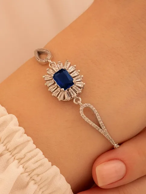Kadın Gümüş Bileklik - Safir Taşlı Kare Model Zirkon Süslemeli Kadın Bileklik