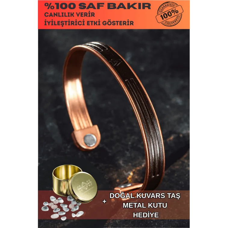 Erkek Kadın Bakır Bileklik - Hakiki Deri Viking İskandinav Mıknatıslı Metal Kutu Kuvars