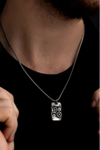 Erkek Gümüş Kolye - Oksitli Model Makina Mühendislerine Dişli Çarklı Mekanizma Gümüş Kolye