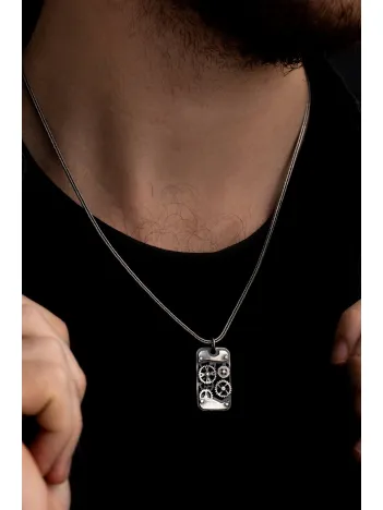 Erkek Gümüş Kolye - Oksitli Model Makina Mühendislerine Dişli Çarklı Mekanizma Gümüş Kolye