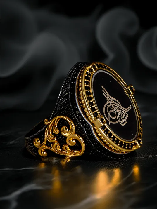 Erkek Altın Kaplama Osmanlı Tuğra İşlemeli Yanı Kalp Model 925 Ayar Gümüş Yüzük