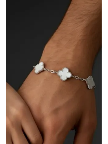 Erkek Gümüş Bileklik - Şans Dört Yaprak Motifli Oniks Taşlı Bilezik