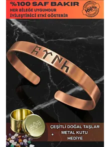 Erkek Bakır Bileklik - Göktürkçe Türk Yazılı Bakır Bileklik Metal Kutu Doğal Taş