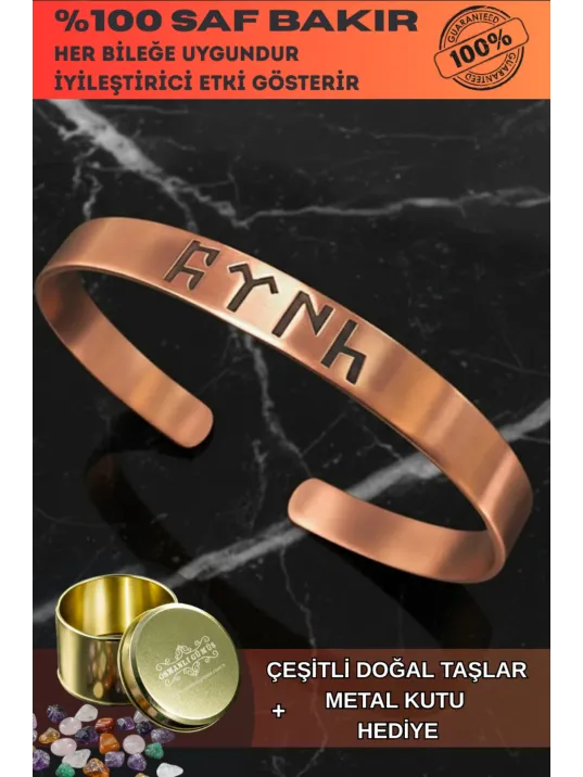 Erkek Bakır Bileklik - Göktürkçe Türk Yazılı Bakır Bileklik Metal Kutu Doğal Taş