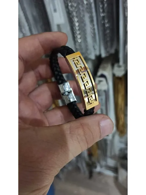 Grek Desenli Suni Deri Erkek Çelik Bileklik