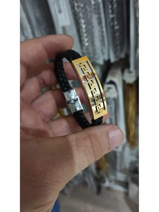 Grek Desenli Suni Deri Erkek Çelik Bileklik