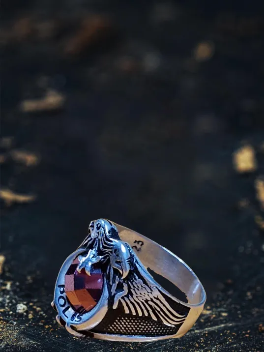 Erkek Gümüş Yüzük - Polis Yazılı Kartal Motifli Yakut Taşlı Yanları Kanat Model Erkek Yüzük