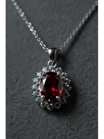 Kadın Gümüş Kolye - Yuvarlak Doğal Kırmızı Safir Taşlı Gümüş Kolye