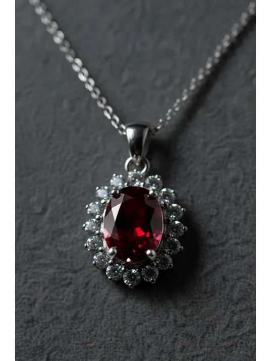 Kadın Gümüş Kolye - Yuvarlak Doğal Kırmızı Safir Taşlı Gümüş Kolye