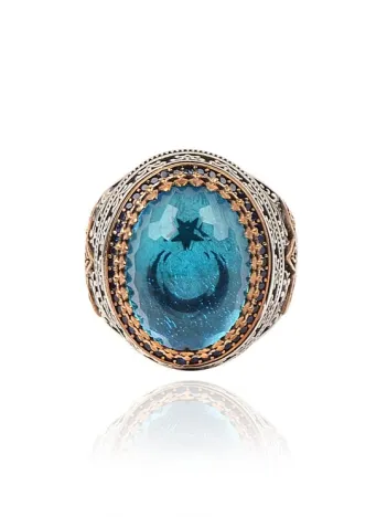 Aquramarin Erkek 925 Ayar Gümüş Yüzük GYZ0PARABIA-MAV