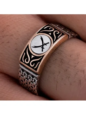 Erkek Gümüş Yüzük - Çift Zülfikar Kılıcı Zincir Motifli İnce Kibar Erkek Yüzüğü